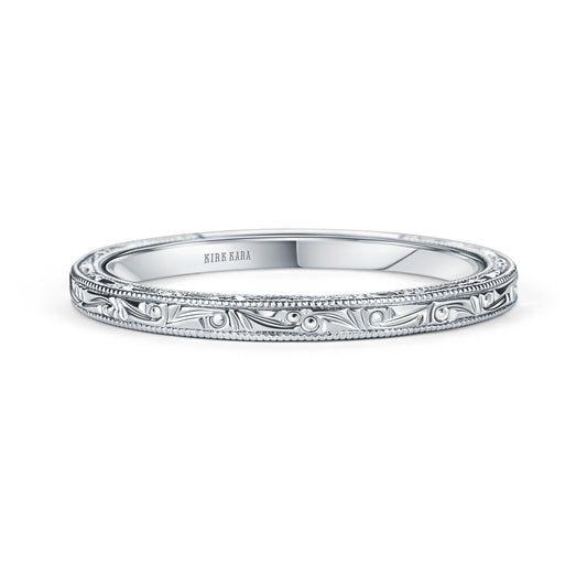 18K White Gold Thin Scroll Engraved Milgrain Wedding Band