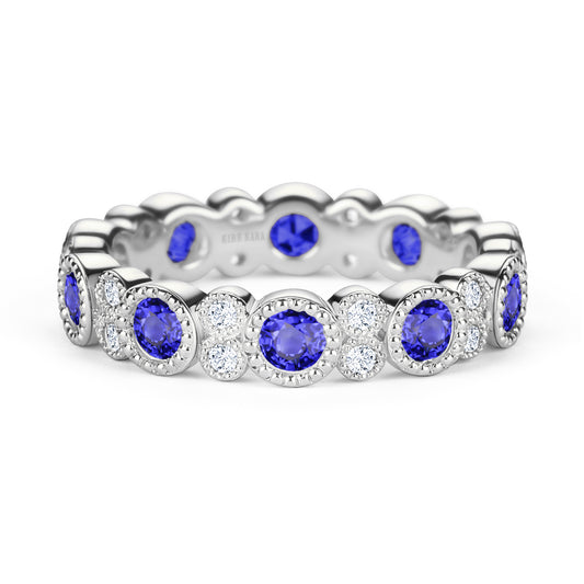 Round Diamond Milgrain Sapphire and DIamond Eternity Wedding Band