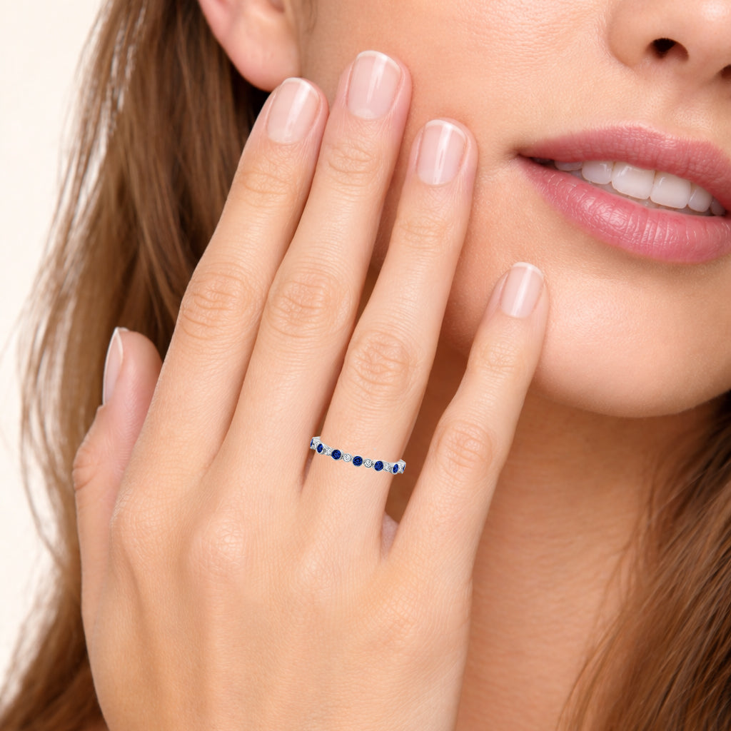 Boho Bubble Milgrain Sapphire & Diamond Wedding Band