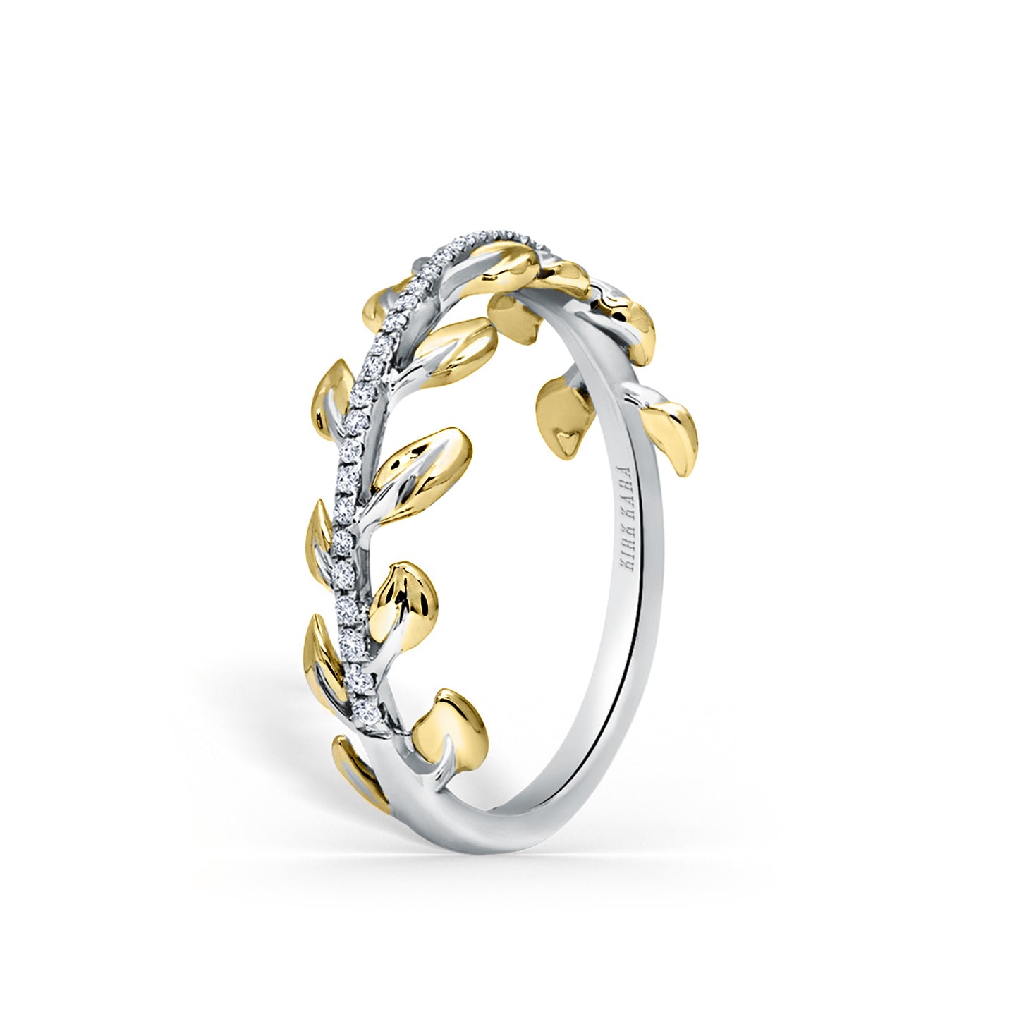 Two Tone Leaf Design Diamond Wedding Band