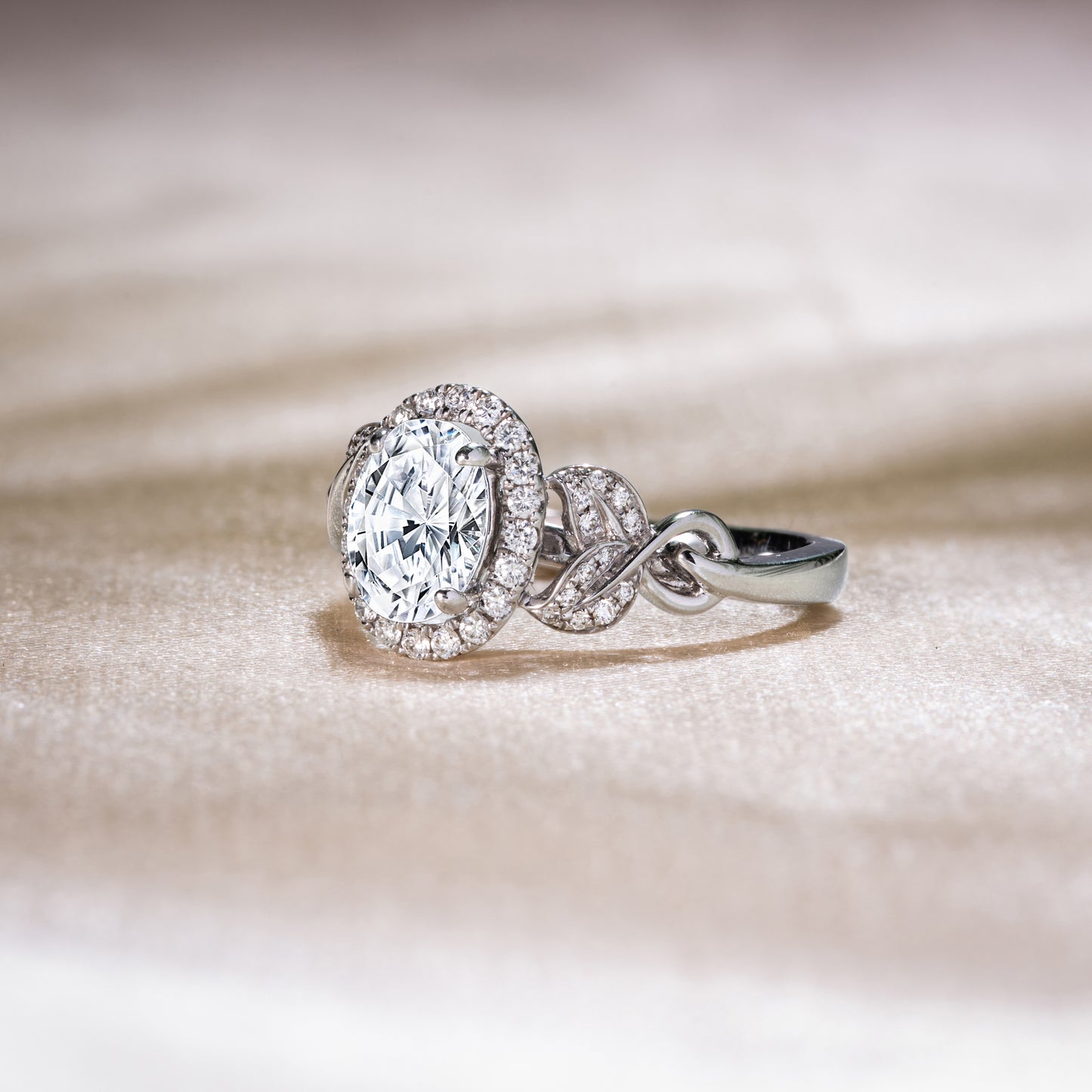 Oval Pavé Leaf Halo Diamond Engagement Ring