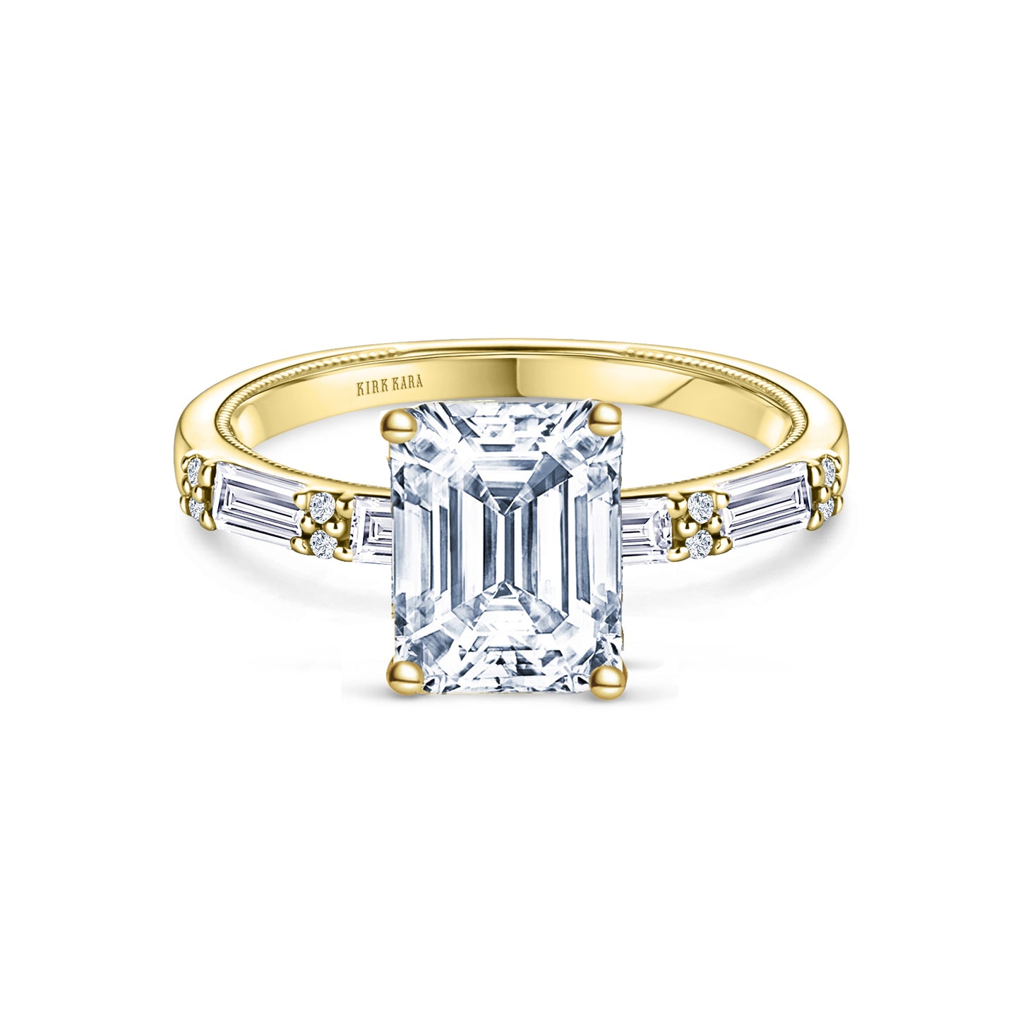 Baguette Diamond Milgrain Ring with 1 1/2ct Emerald Certified Lab Diamond Center