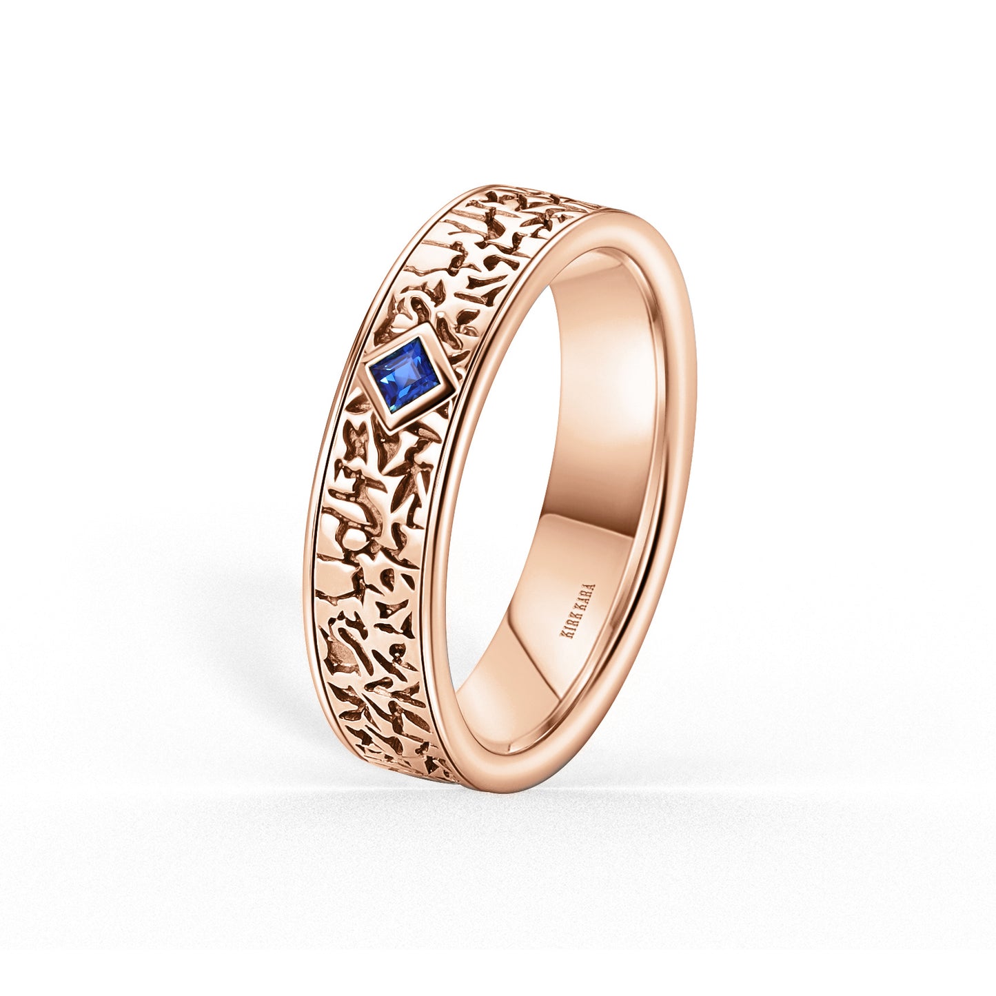 Thin Bezel Blue Sapphire Nugget Engraved Wedding Band, 5mm