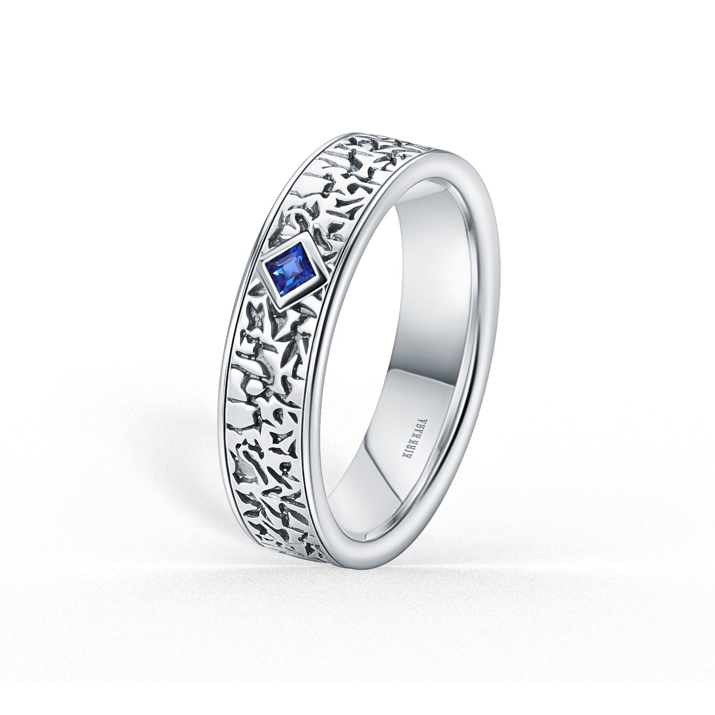 Thin Bezel Blue Sapphire Nugget Engraved Wedding Band, 5mm