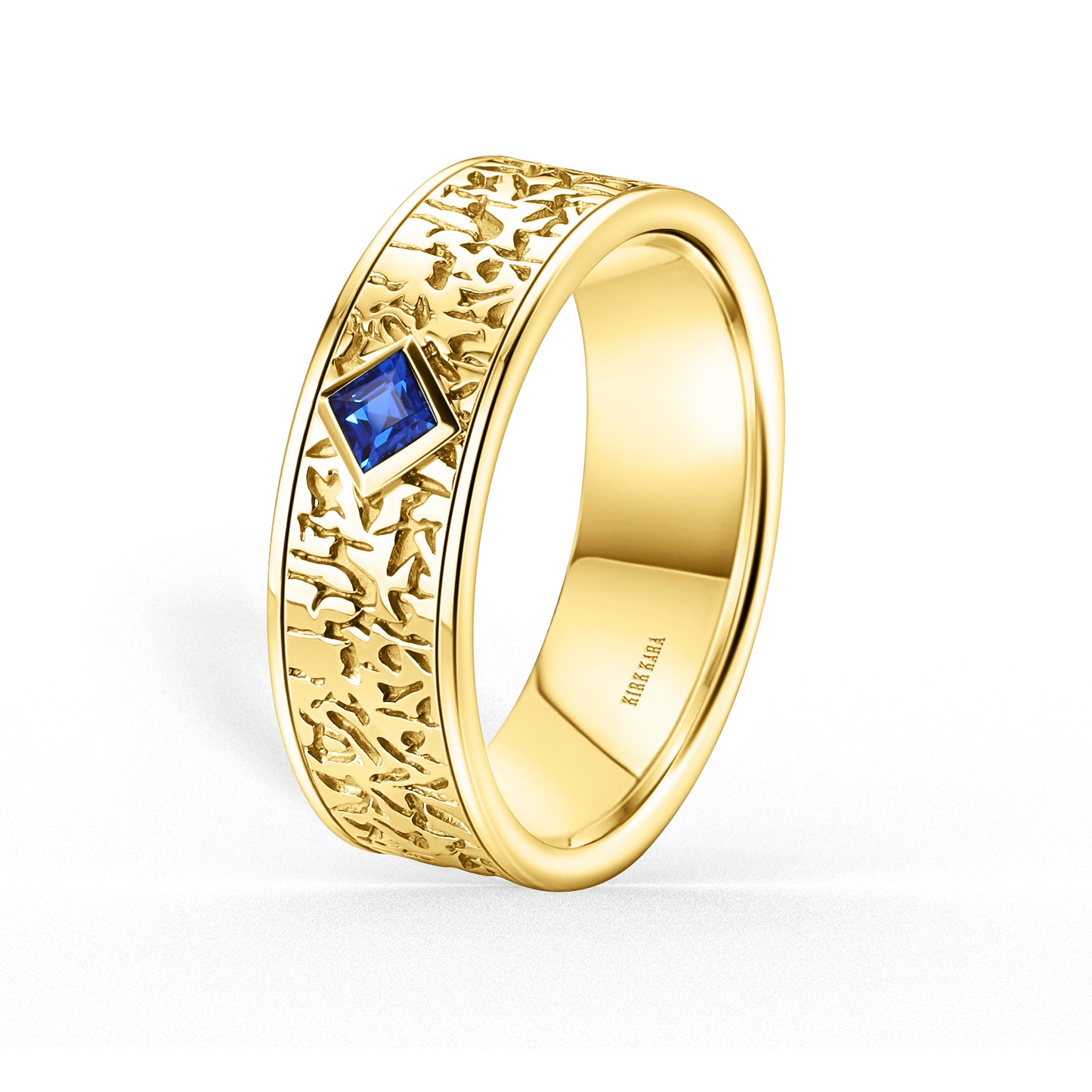 Bezel Blue Sapphire Nugget Engraved Wedding Band, 7mm