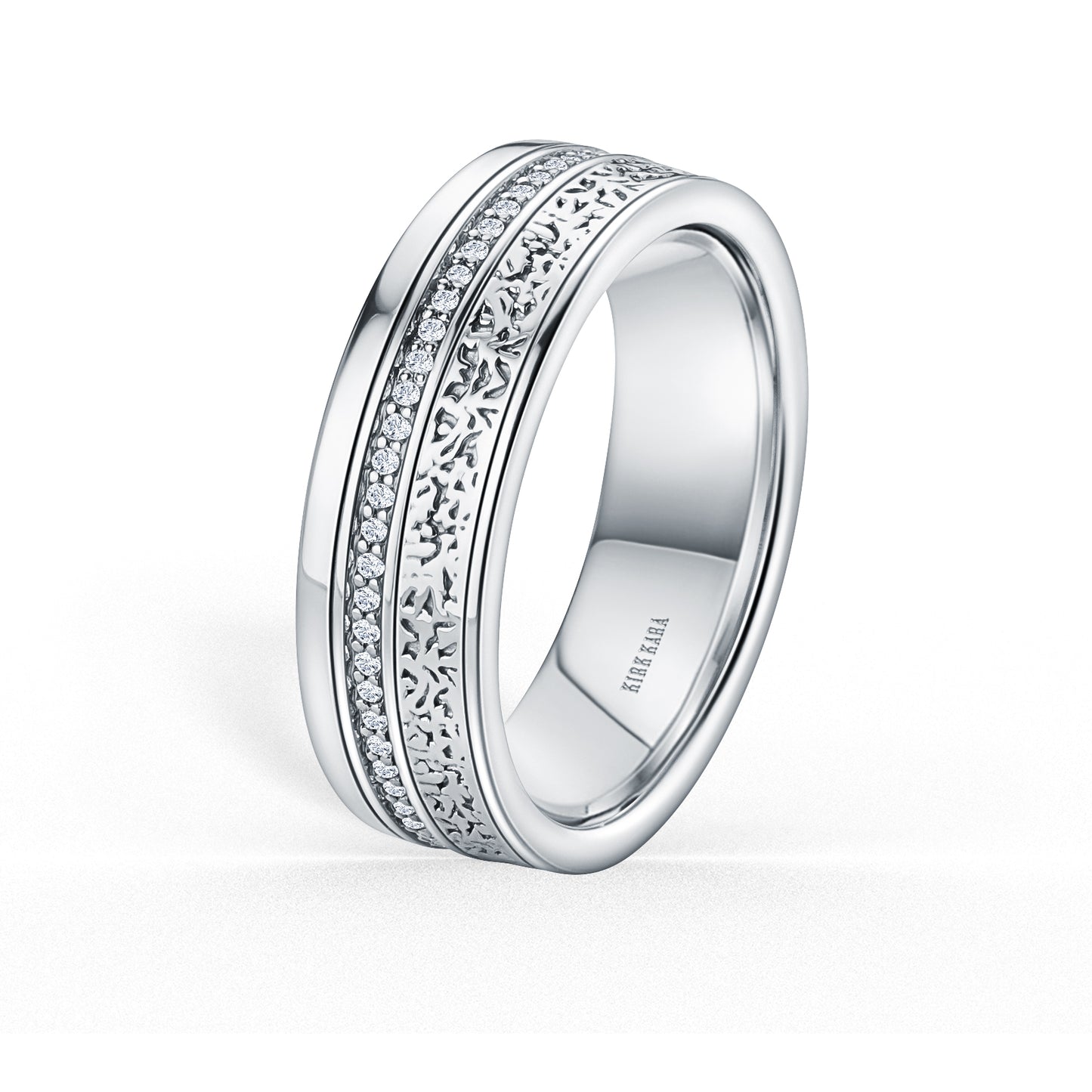 Diamond Nugget Engraved Wedding Band, 7mm