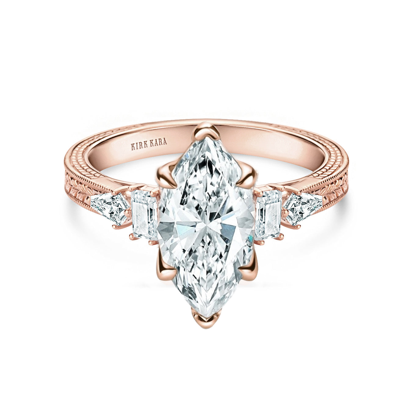 Kite Accent Engraved Cathedral Diamond Engagement Ring