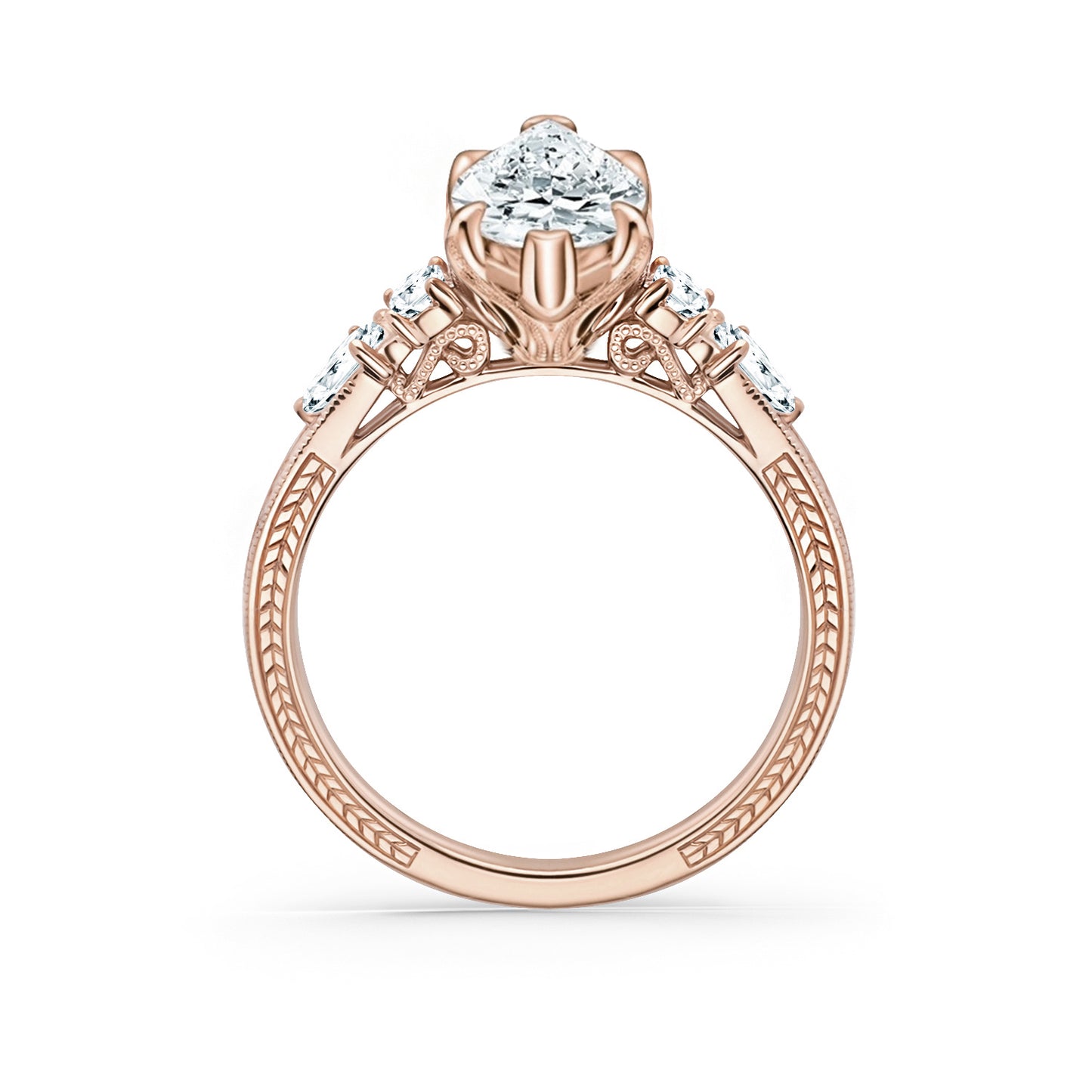 Kite Accent Engraved Cathedral Diamond Engagement Ring