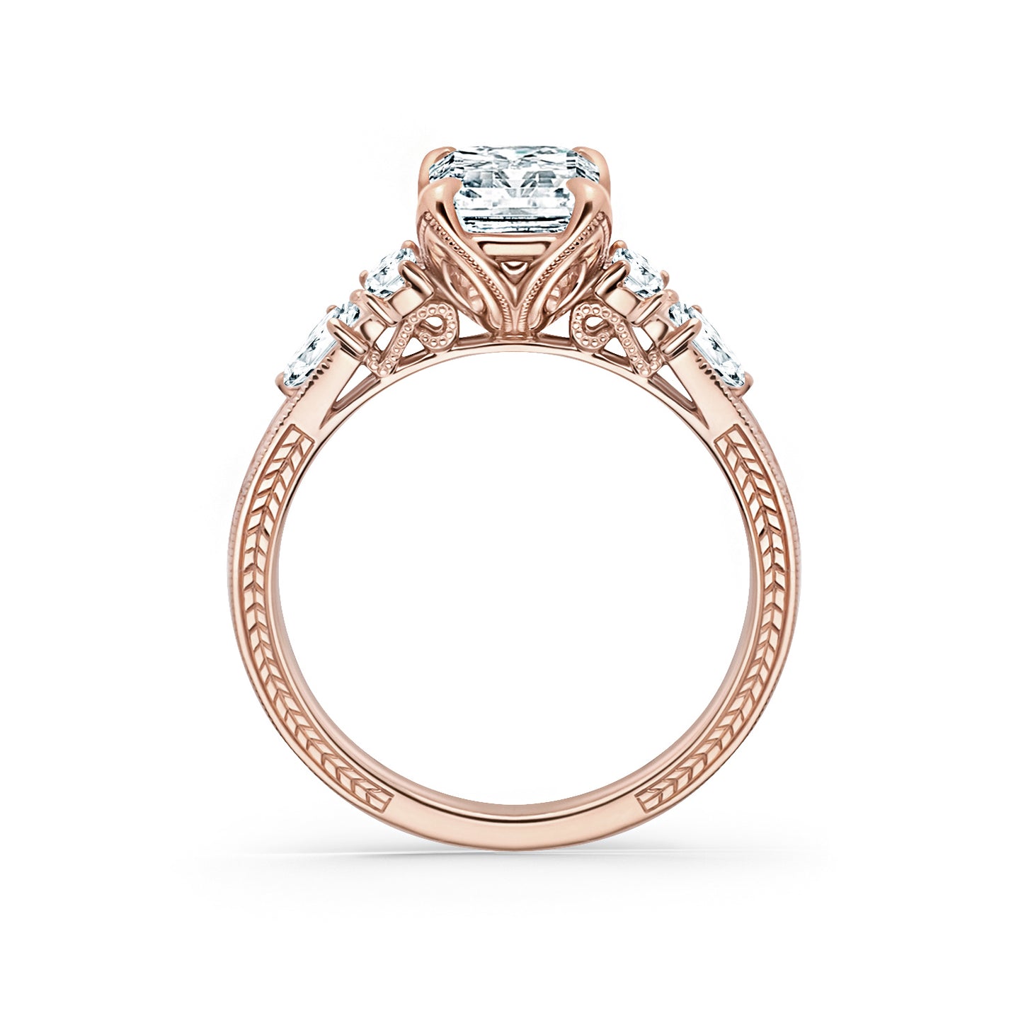 Kite Accent Hand-Engraved Cathedral Engagement Ring