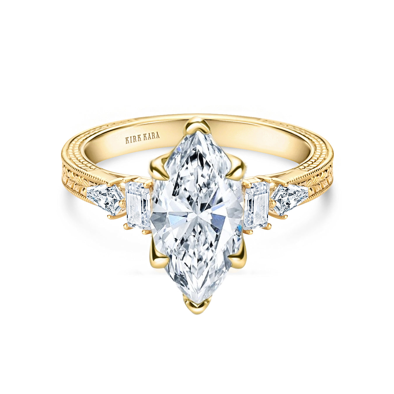 Kite Accent Engraved Cathedral Diamond Engagement Ring