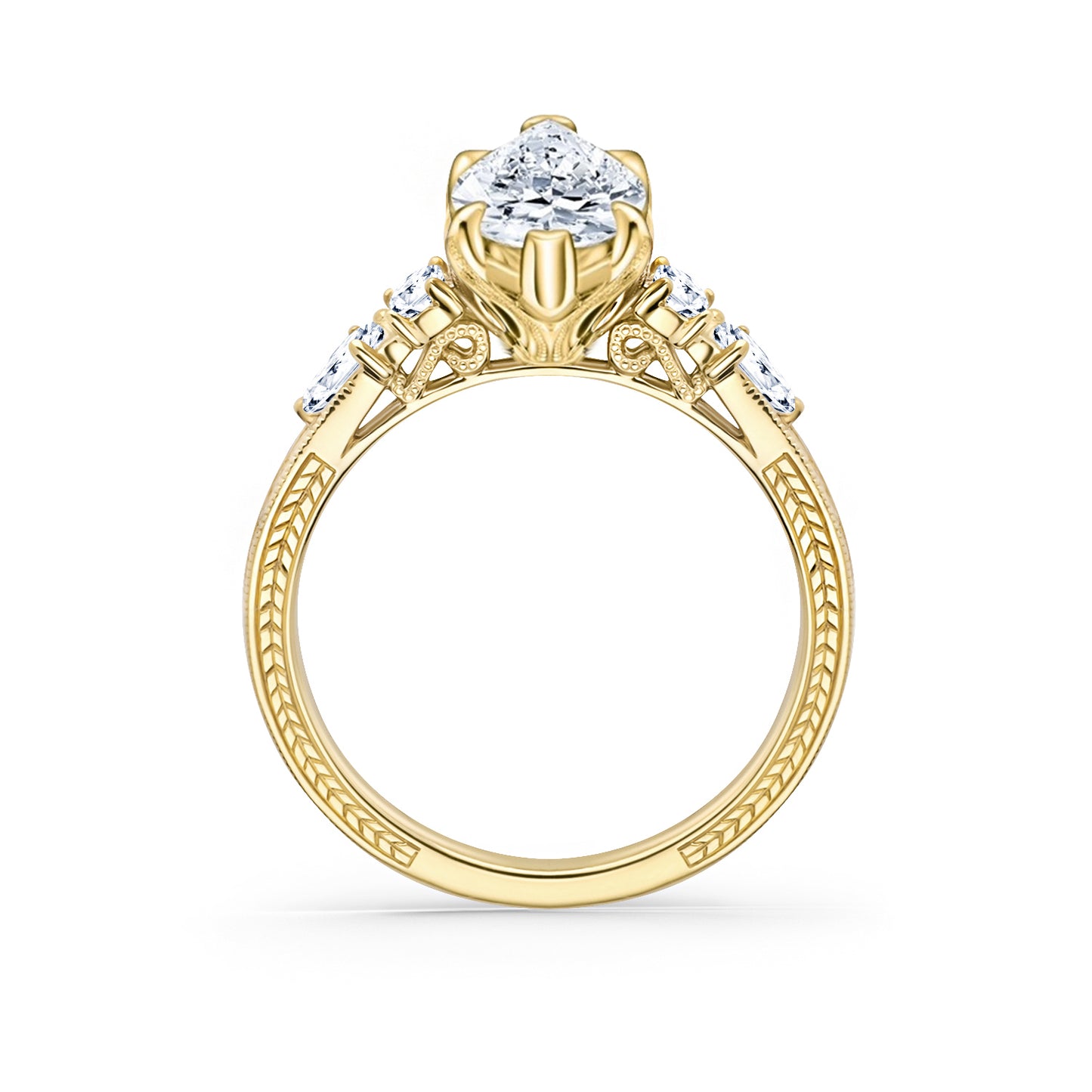Kite Accent Engraved Cathedral Diamond Engagement Ring
