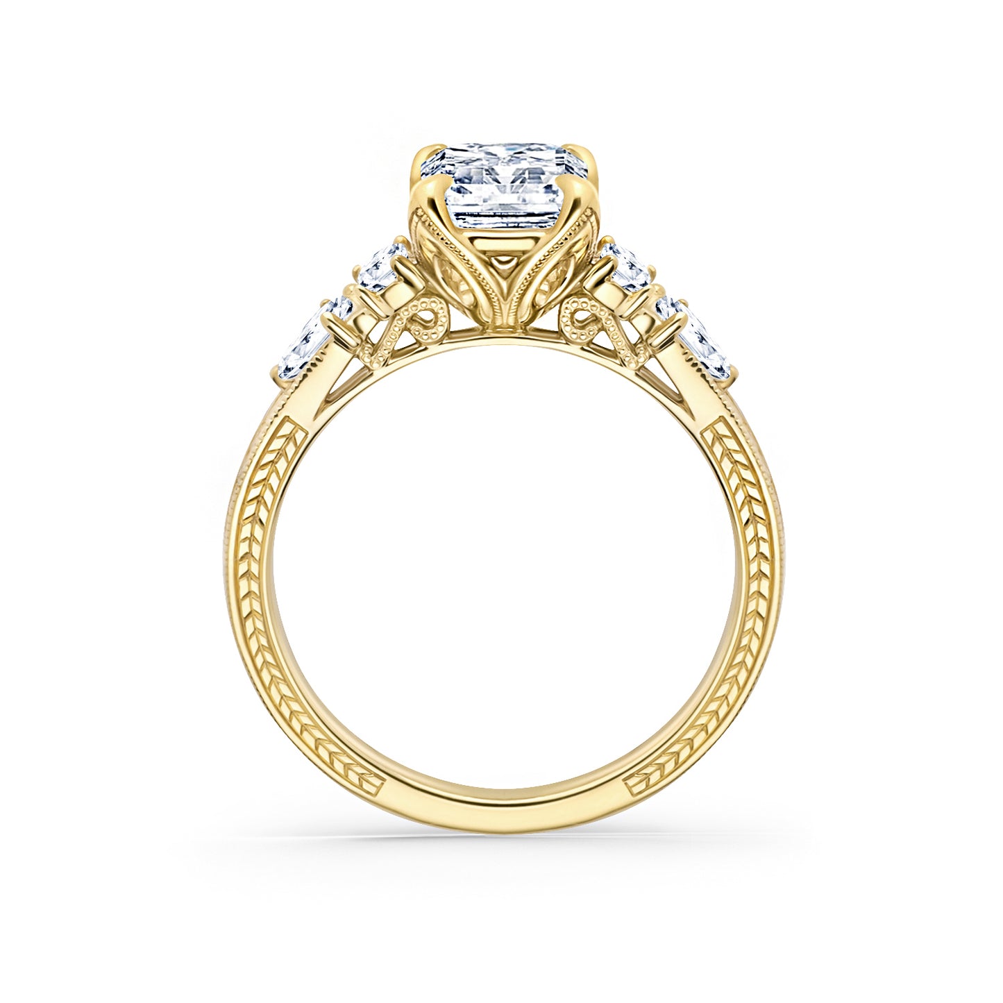 Kite Accent Hand-Engraved Cathedral Engagement Ring