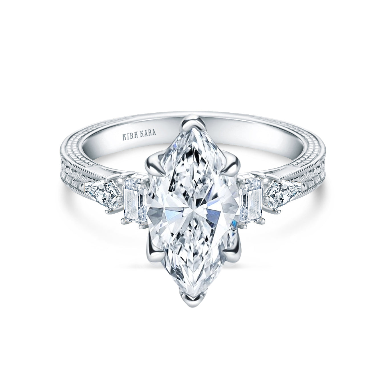 Kite Accent Engraved Cathedral Diamond Engagement Ring