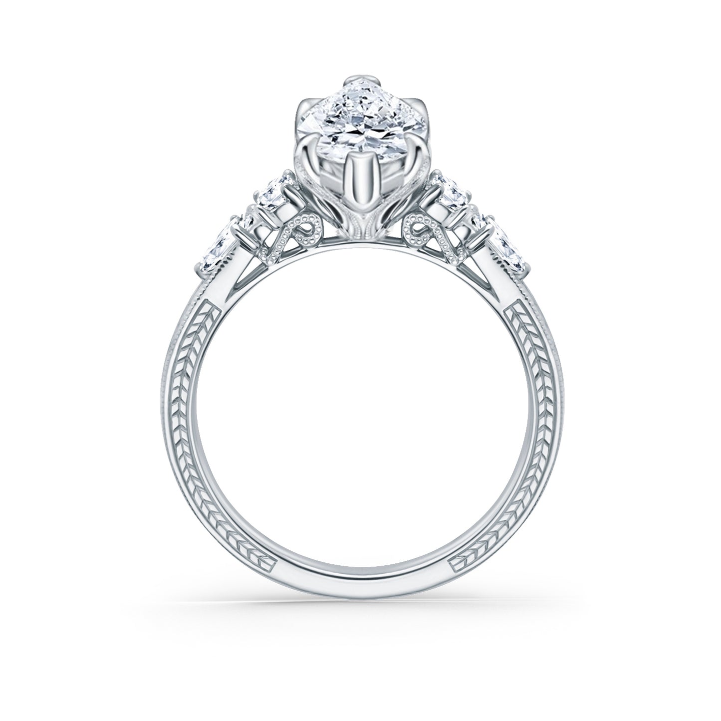 Kite Accent Engraved Cathedral Diamond Engagement Ring