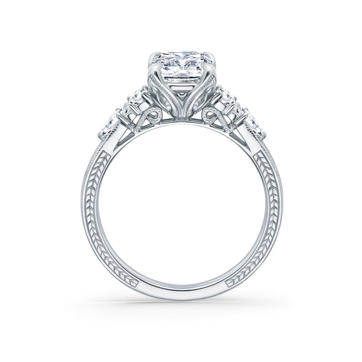 Kite Accent Hand-Engraved Cathedral Engagement Ring