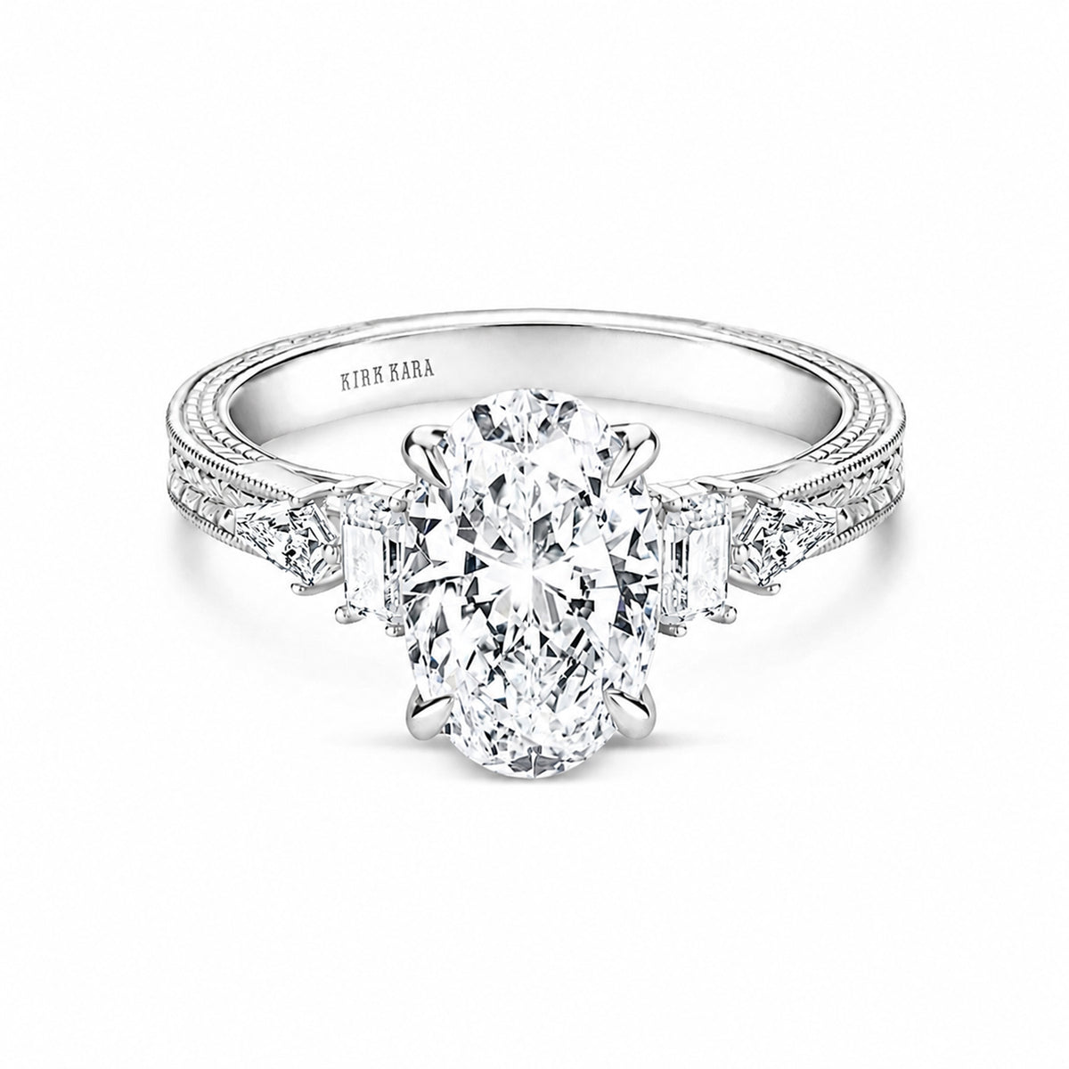 Kite Accent Hand-Engraved Cathedral Engagement Ring