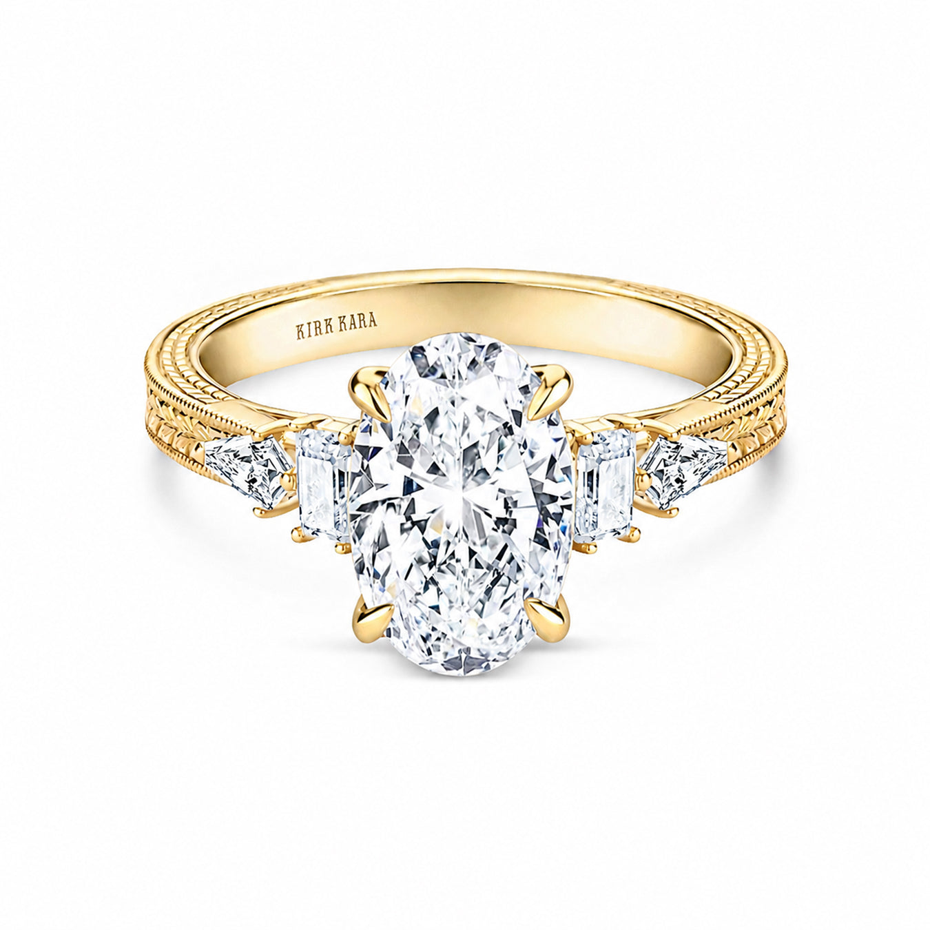 Kite Accent Hand-Engraved Cathedral Engagement Ring