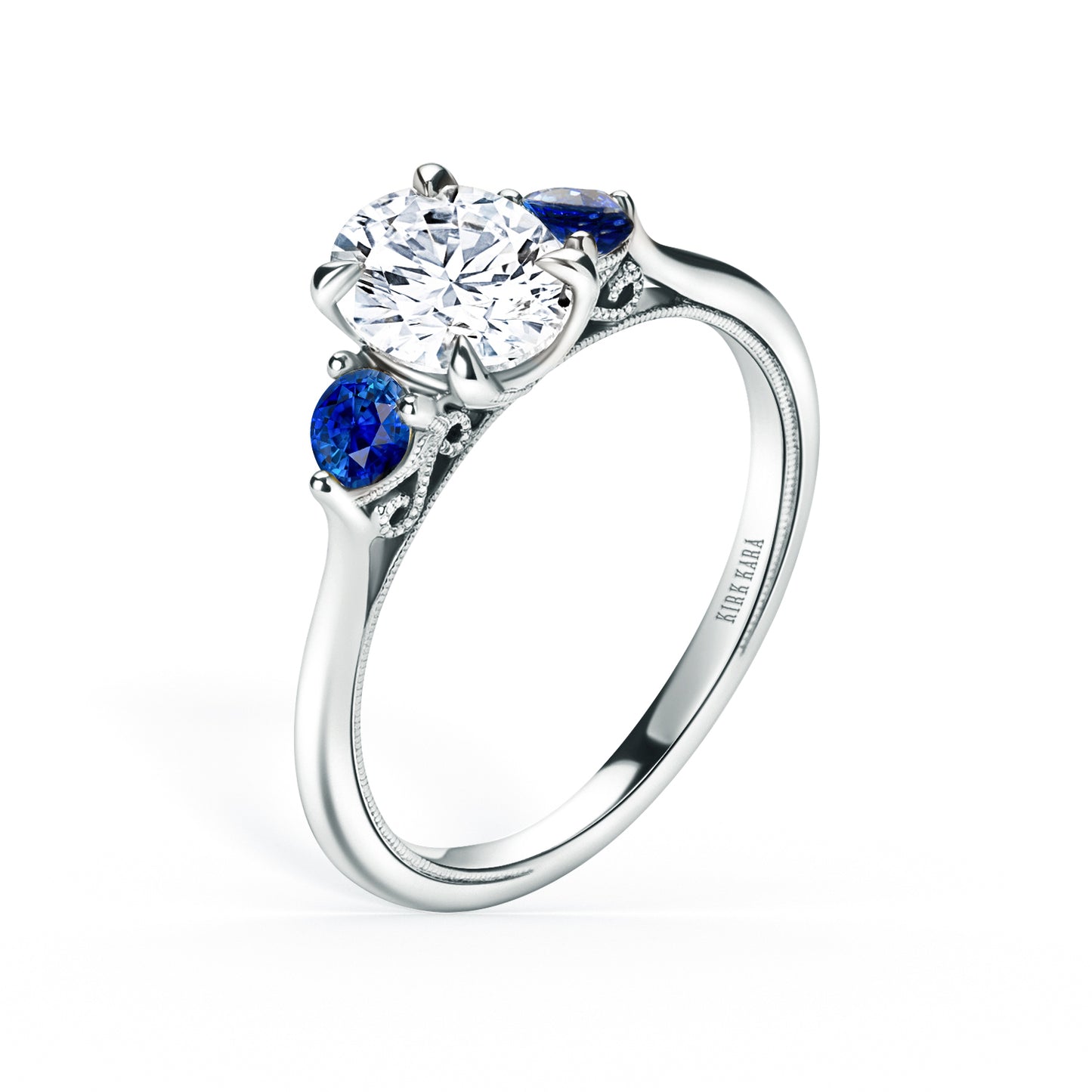 Three Stone Blue Sapphire Round Side Stone Engagement Ring