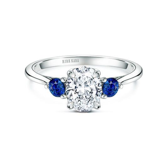Three Stone Blue Sapphire Round Side Stone Engagement Ring