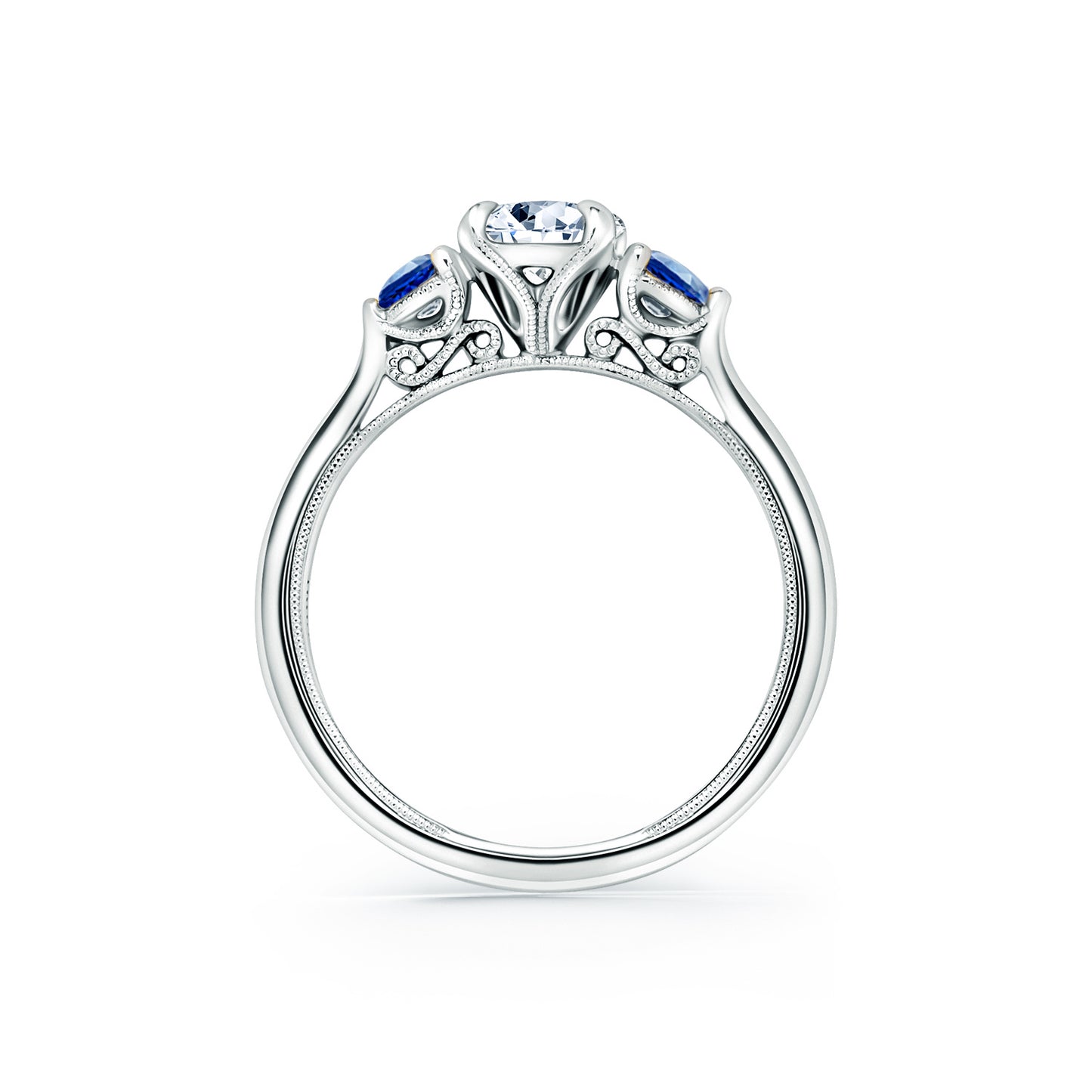 Three Stone Blue Sapphire Round Side Stone Engagement Ring