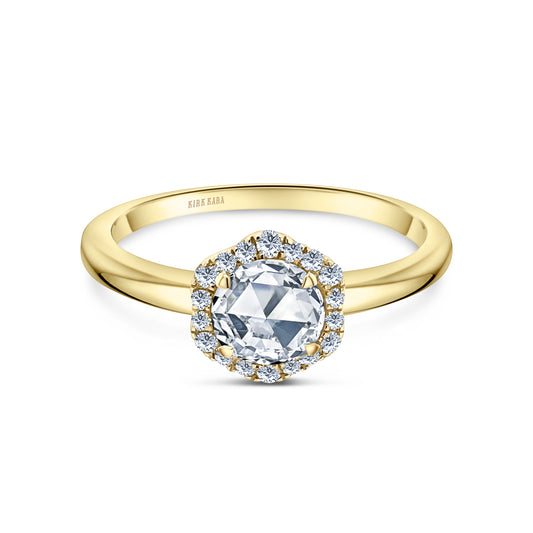 14K Yellow Gold Floral Delicate Rose Cut Halo Diamond Engagement Ring