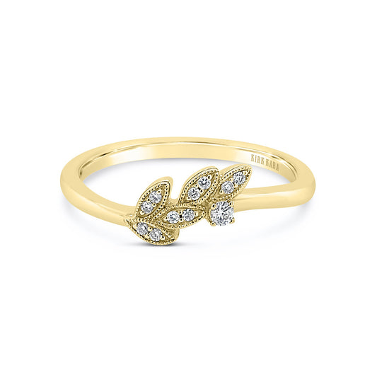 14K Yellow Gold Boho Leaf Contoured Pavé Diamond Wedding Band