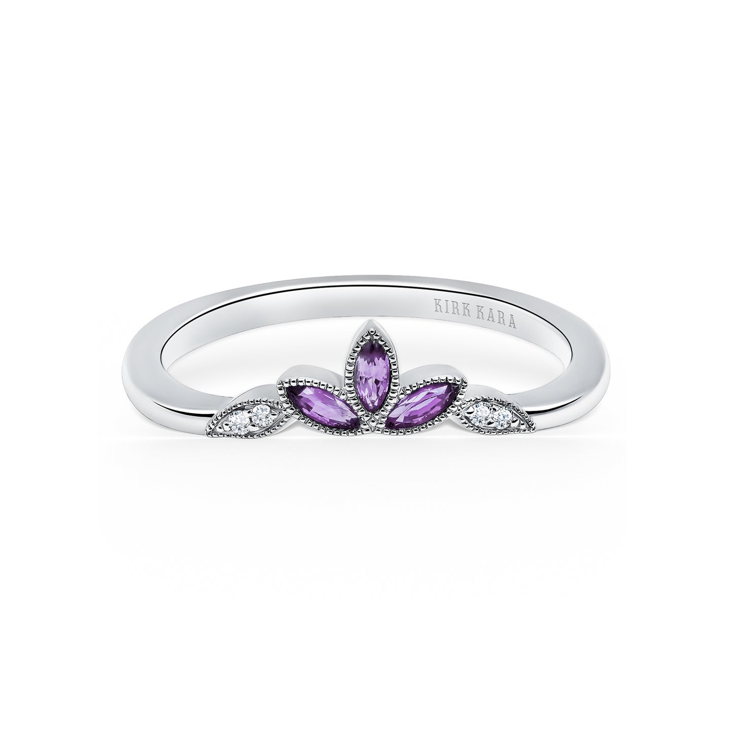 14K White Gold Floral Boho Amethyst Diamond Wedding Band