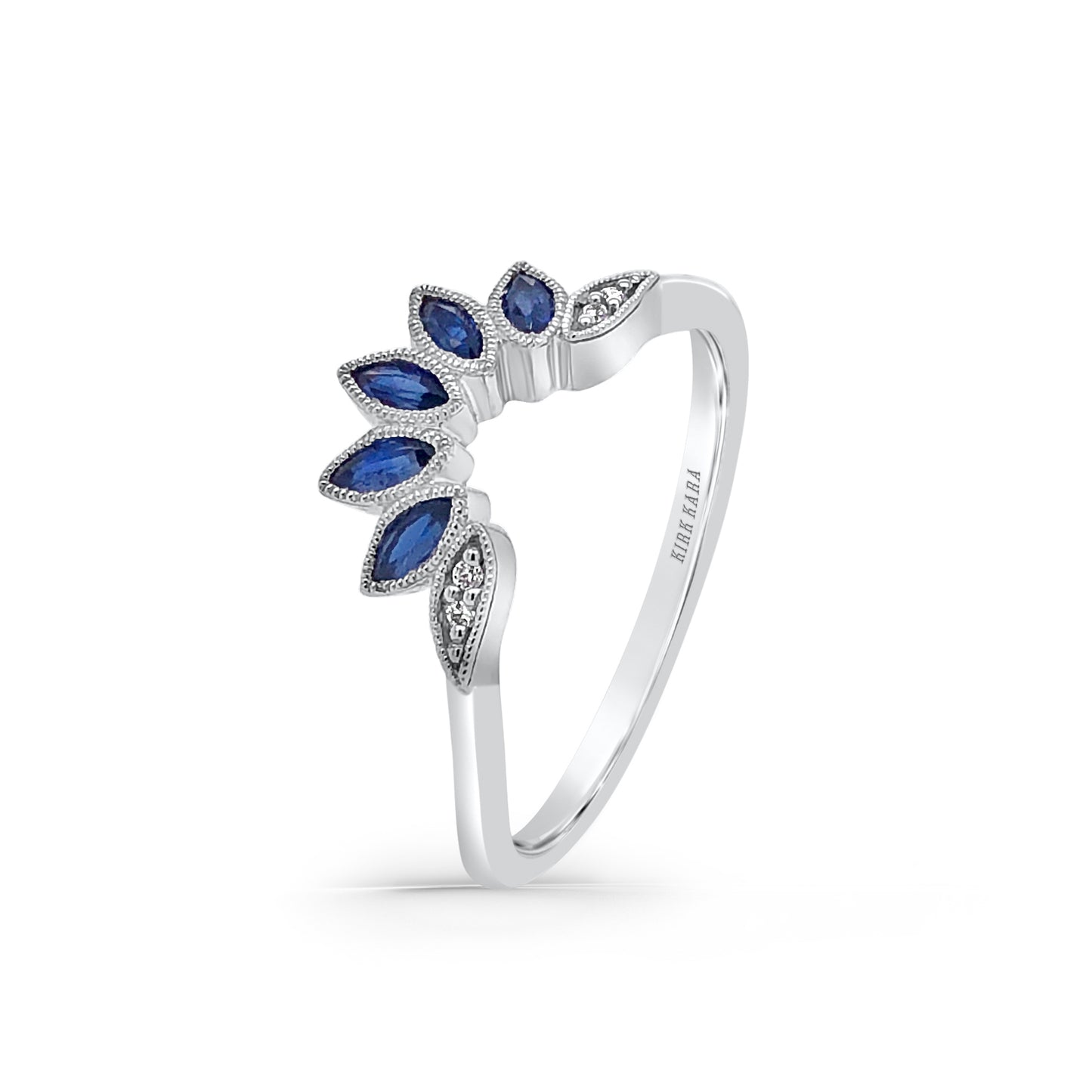 Floral Blue Sapphire Boho Contoured Diamond Wedding Band