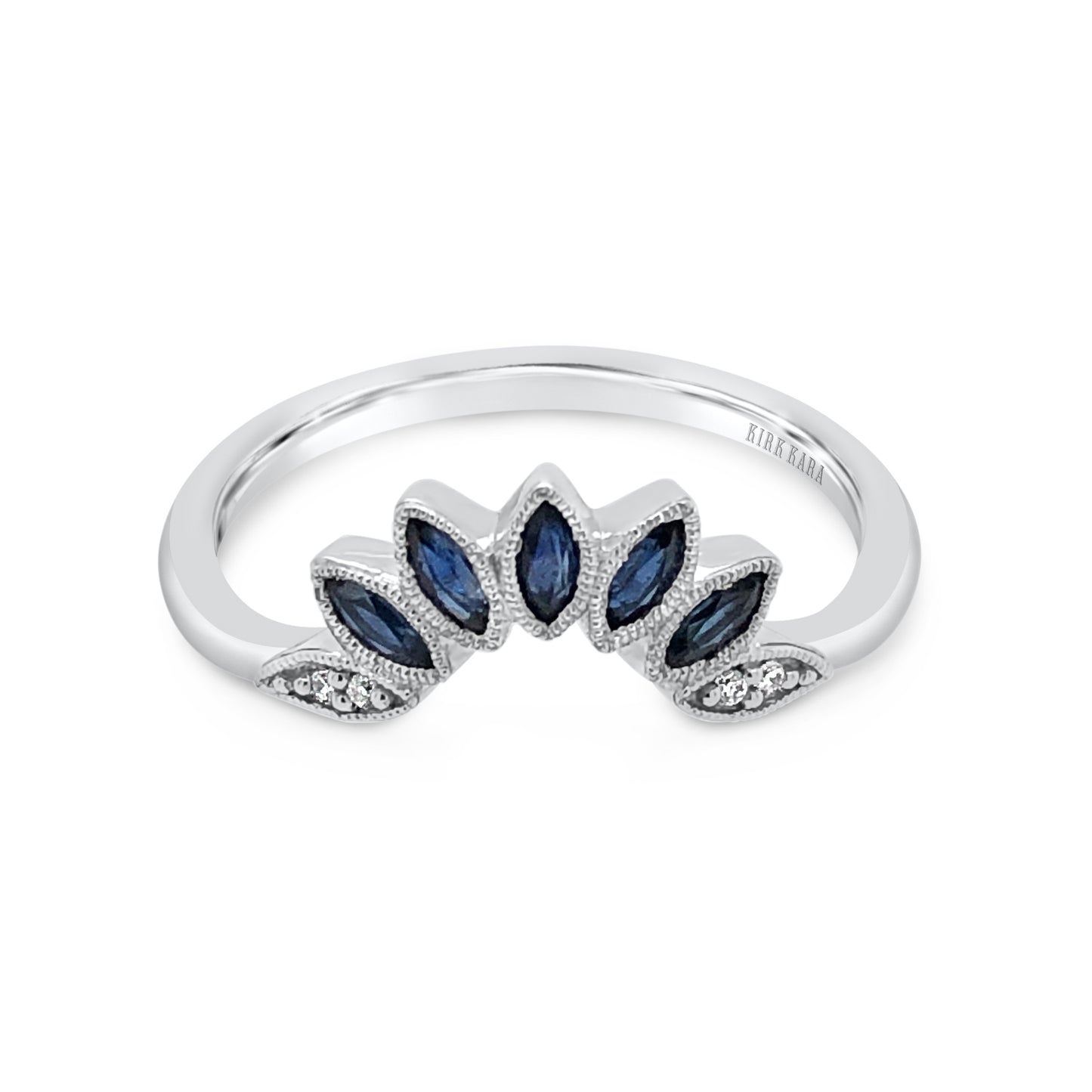 Floral Blue Sapphire Boho Contoured Diamond Wedding Band