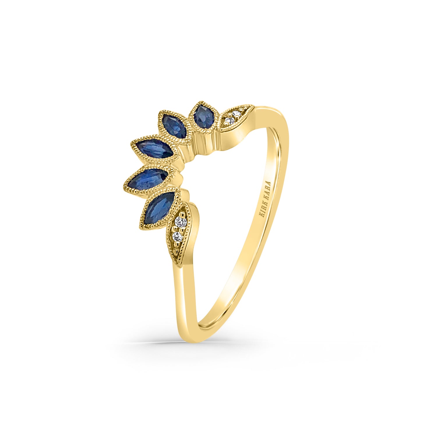 Floral Blue Sapphire Boho Contoured Diamond Wedding Band