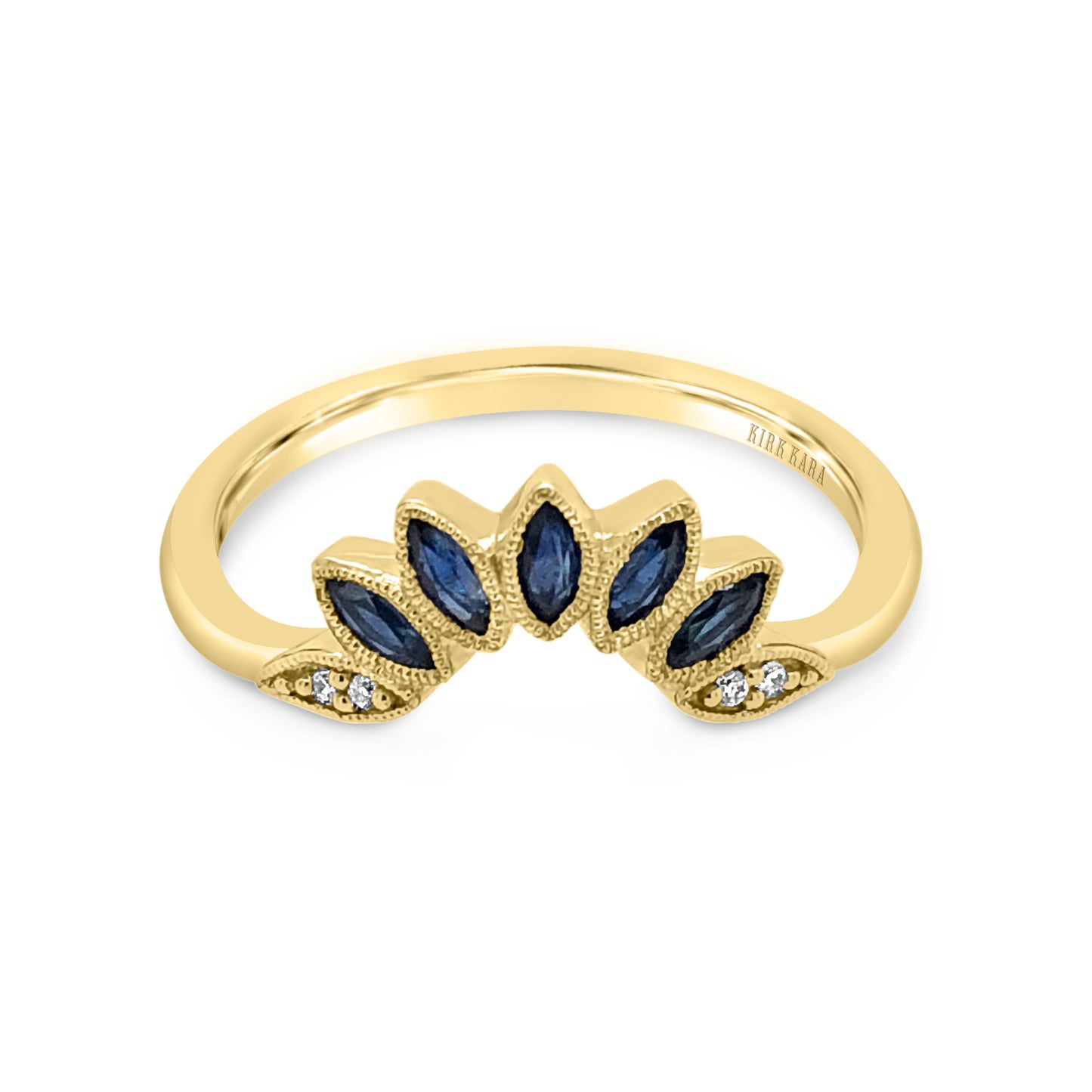 Floral Blue Sapphire Boho Contoured Diamond Wedding Band