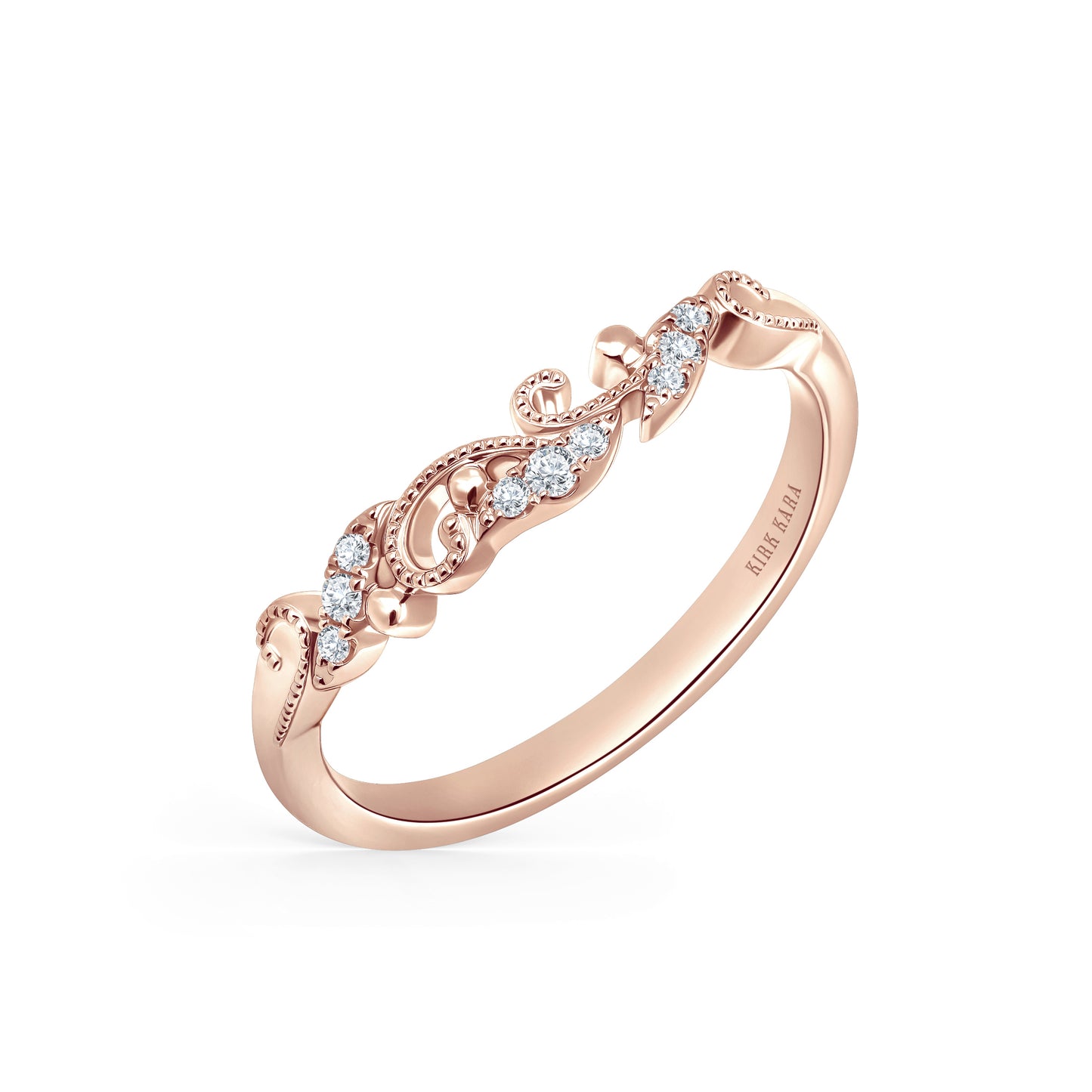 14K Rose Gold Contoured Swirl Milgrain Diamond Wedding Band