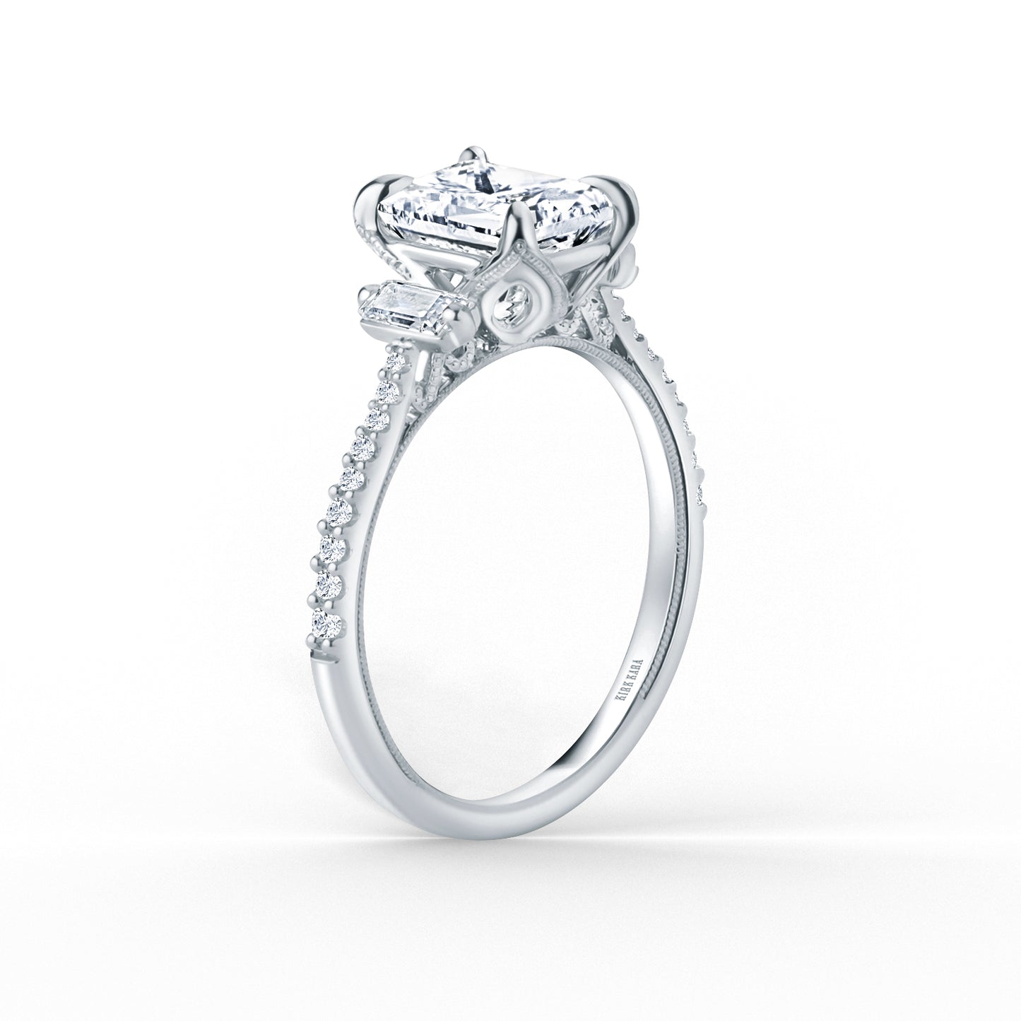 White Three Stone Baguette Ring with 1 1/2ct Emerald Certified Lab Diamond Center