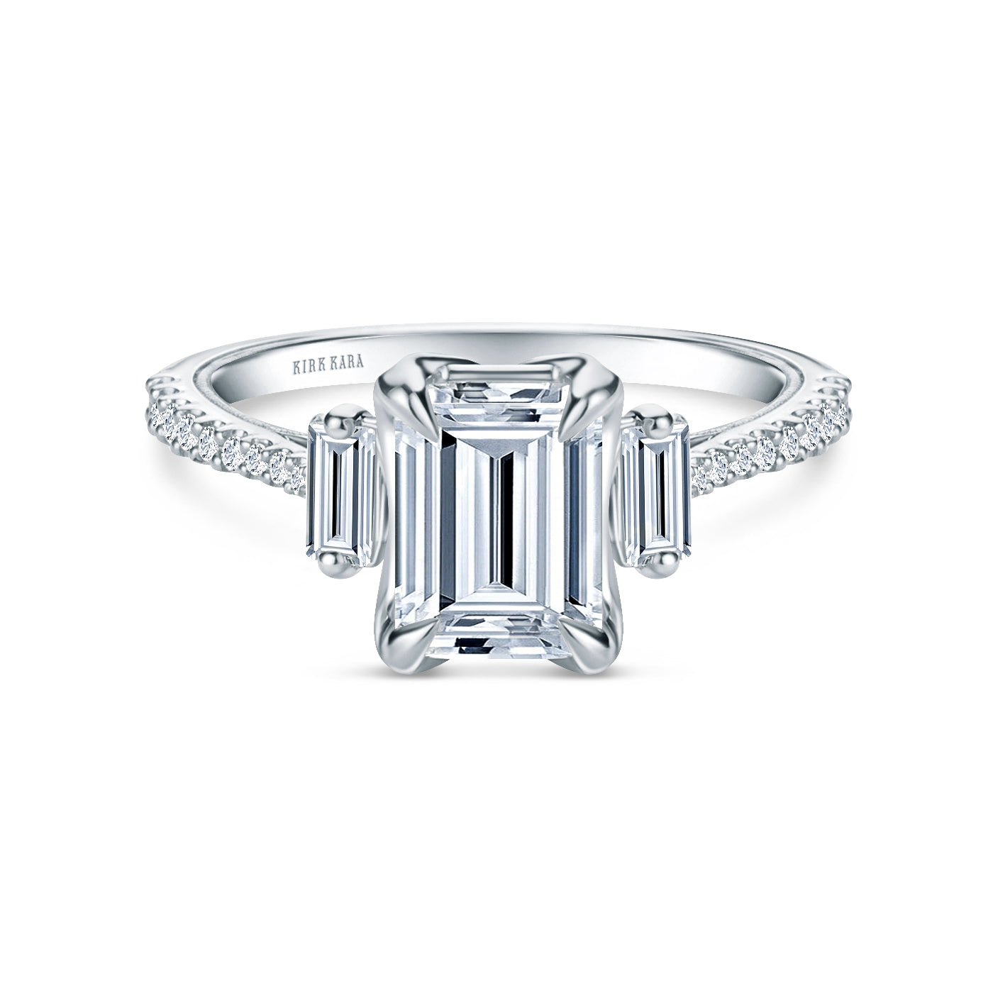 White Three Stone Baguette Ring with 1 1/2ct Emerald Certified Lab Diamond Center