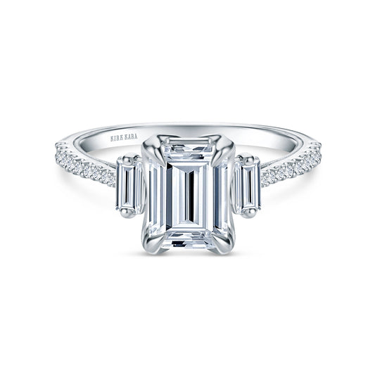 White Three Stone Baguette Ring with 1 1/2ct Emerald Certified Lab Diamond Center