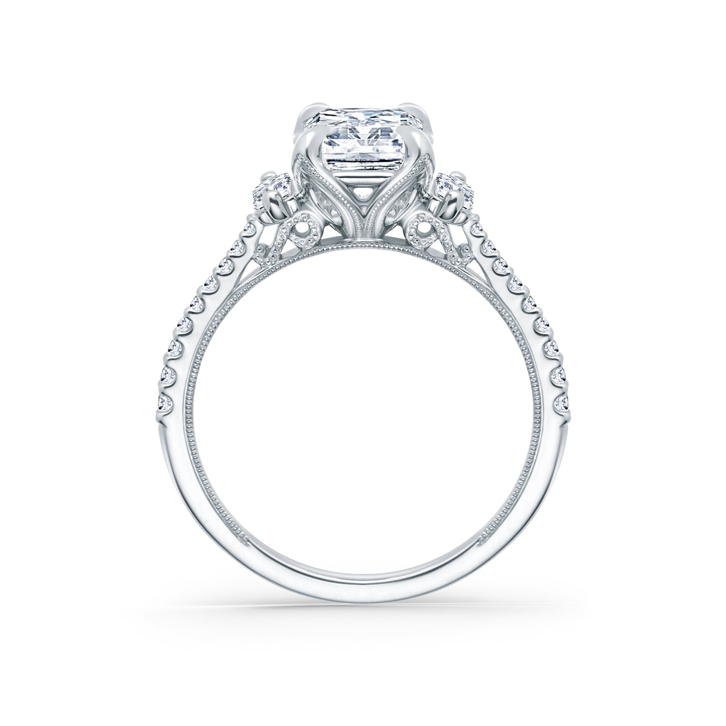 White Three Stone Baguette Ring with 1 1/2ct Emerald Certified Lab Diamond Center