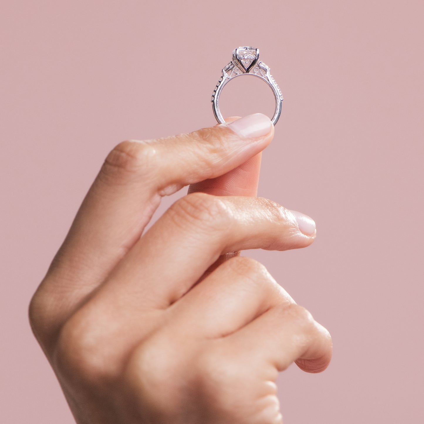 Three Stone Pear Hidden Halo Diamond Accent Engagement Ring