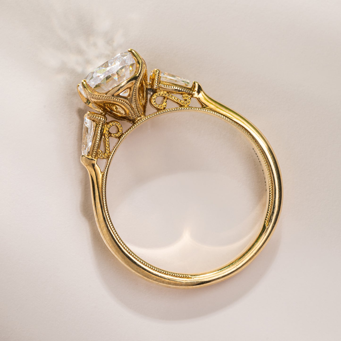 Wide Three Stone Pear Side Stone Diamond Engagement Ring