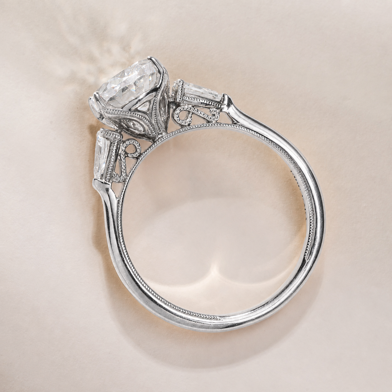 Wide Three-Stone Pear Side Stone Engagement Ring