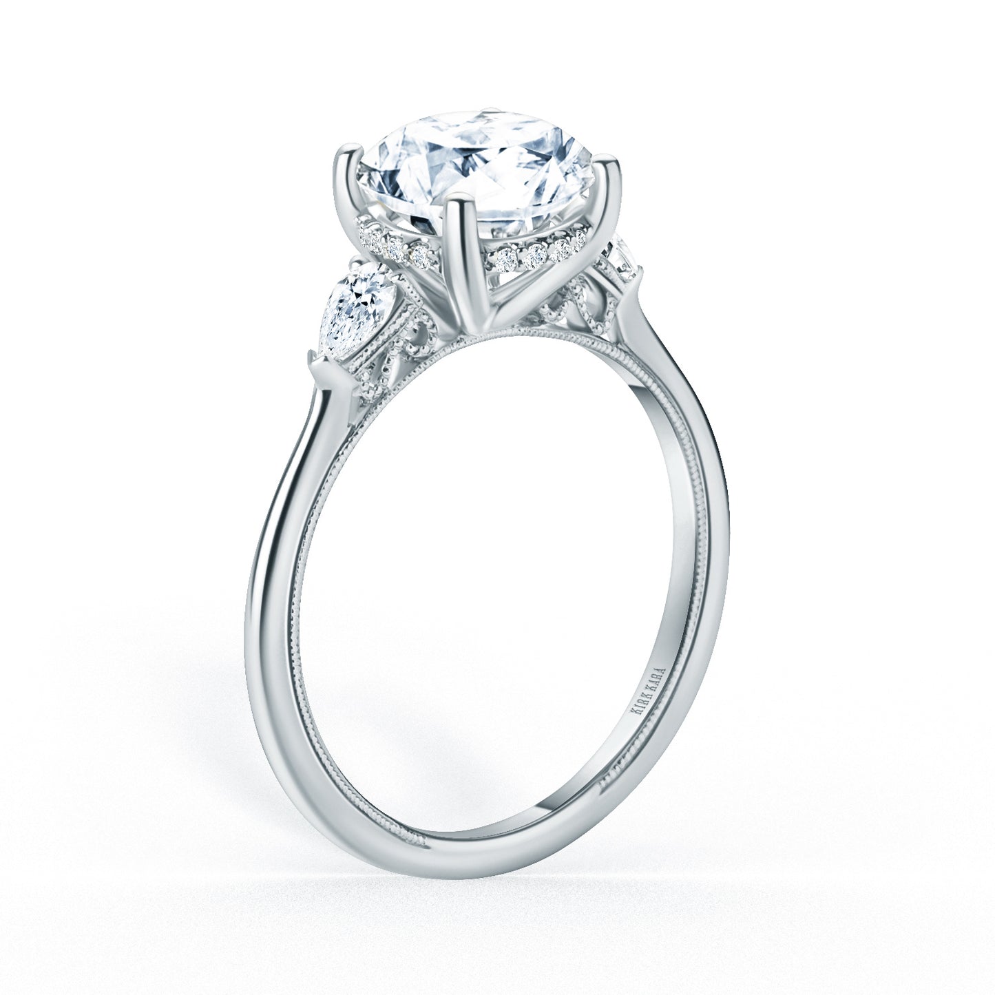 Three Stone Pear Hidden Halo Diamond Engagement Ring