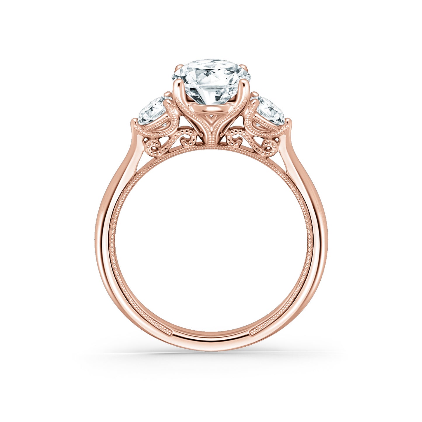 Wide Three Stone Round Side Stone Diamond Engagement Ring