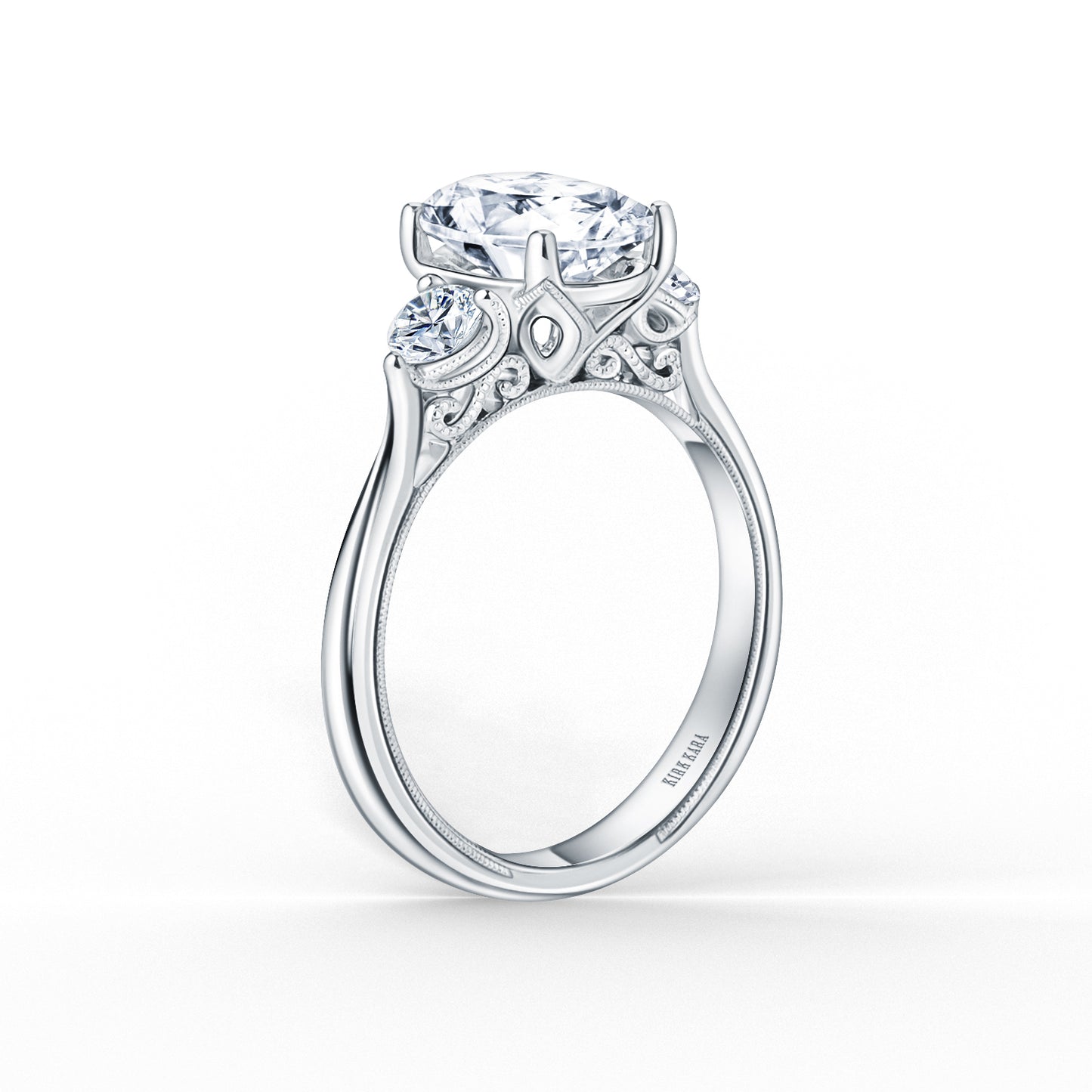 White Wide Three Stone Round Side Stone Ring with 2ct Oval Certified Lab Diamond Center