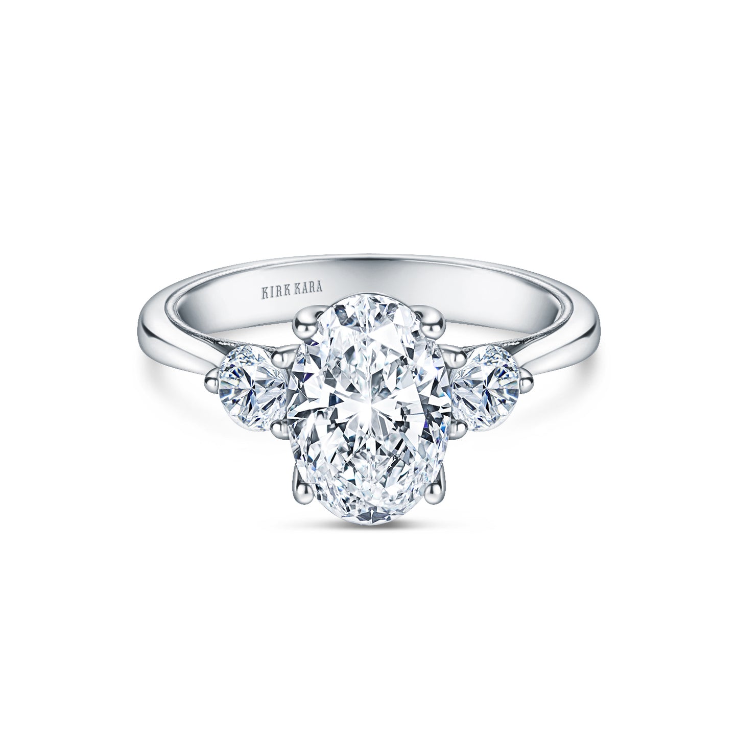 White Wide Three Stone Round Side Stone Ring with 2ct Oval Certified Lab Diamond Center