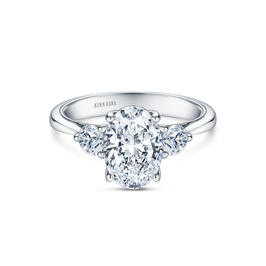White Wide Three Stone Round Side Stone Ring with 2ct Oval Certified Lab Diamond Center