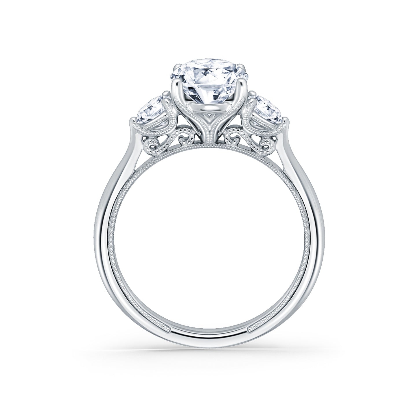 White Wide Three Stone Round Side Stone Ring with 2ct Oval Certified Lab Diamond Center