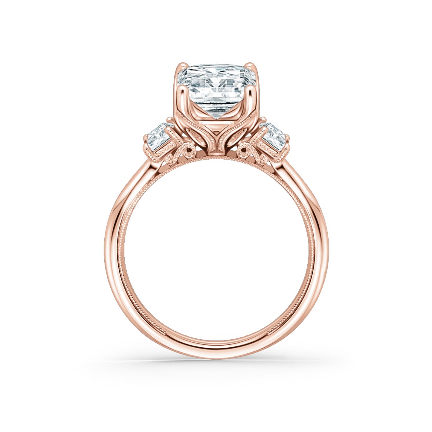 Wide Three Stone Emerald Side Stone Diamond Engagement Ring