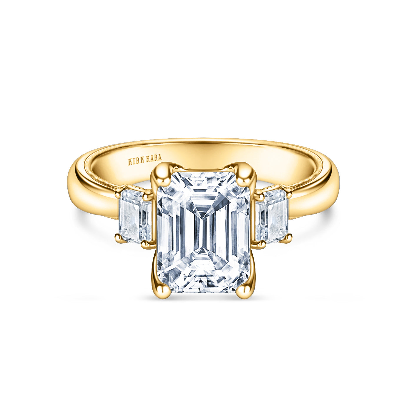 Wide Three Stone Emerald Side Stone Diamond Engagement Ring