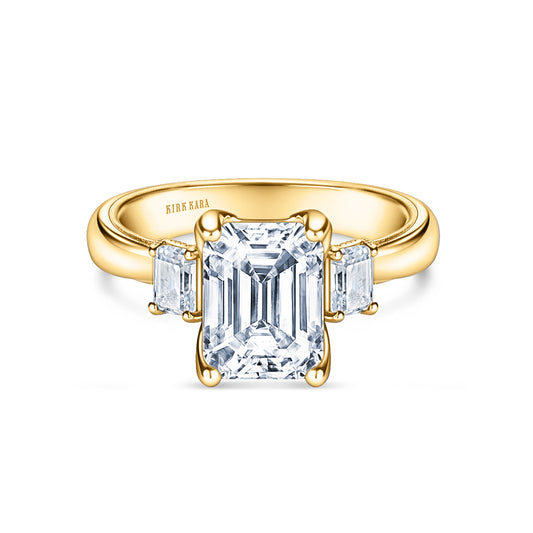 Wide Three Stone Emerald Side Stone Diamond Engagement Ring