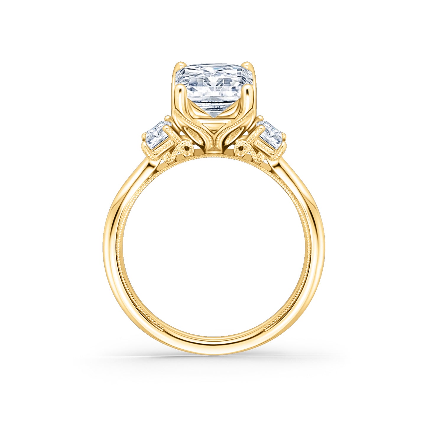 Wide Three Stone Emerald Side Stone Diamond Engagement Ring
