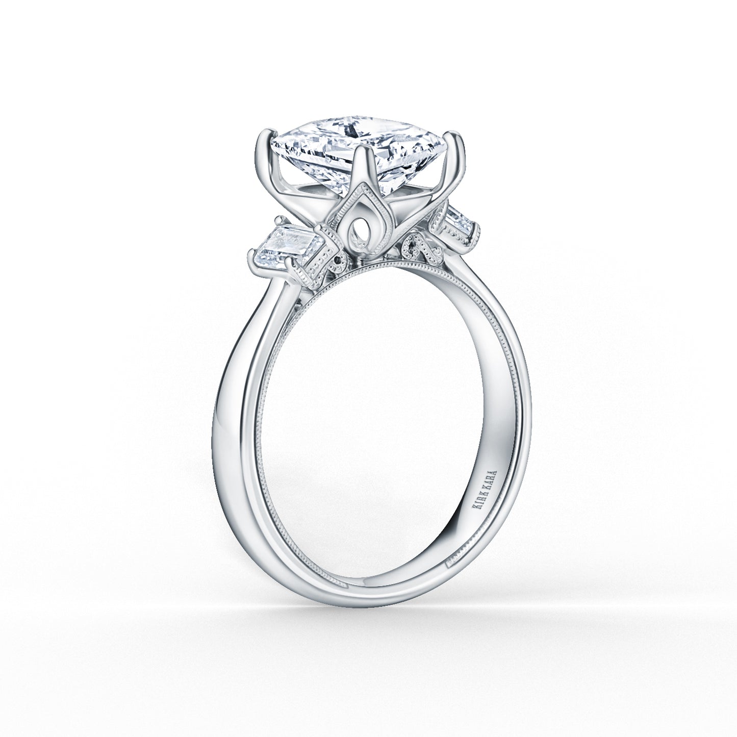 Wide Three Stone Emerald Side Stone Diamond Engagement Ring